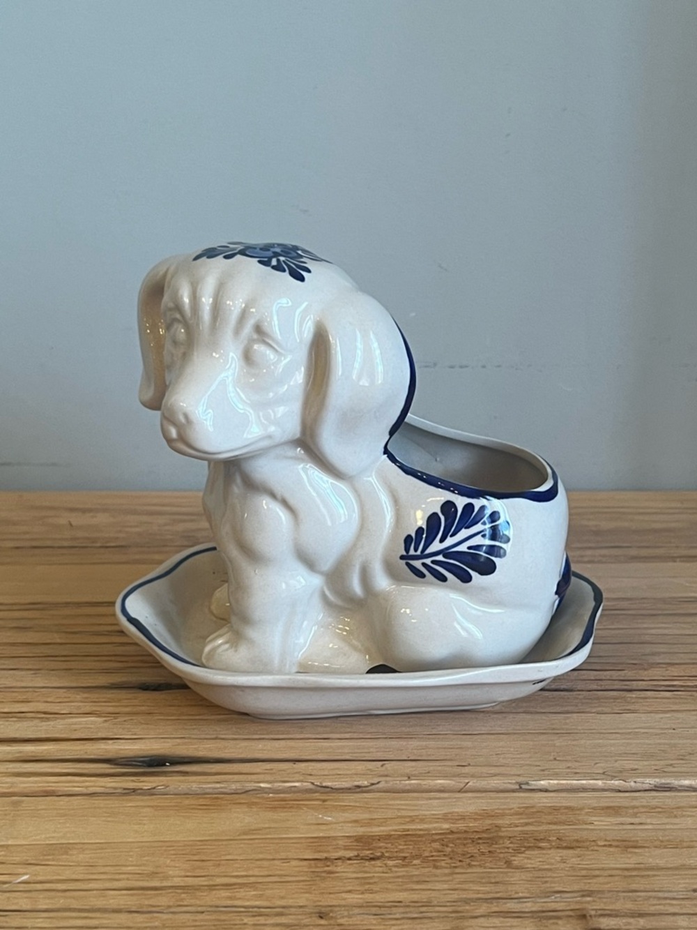 Vintage Ceramic Folk Art Dog Planter with Blue Leaf Motif